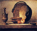 Onions Canvas Paintings - Still Life with Pestle, Bowl, Copper Cauldron, Onions and a Knife